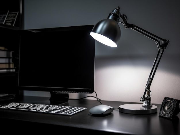 Un monitor de computadora y un mouse en un escritorio con un fondo negro.