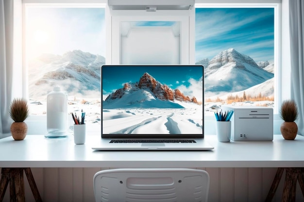 Un monitor de computadora con un paisaje nevado.