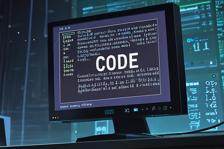 Foto un monitor de computadora con la palabra código en la pantalla