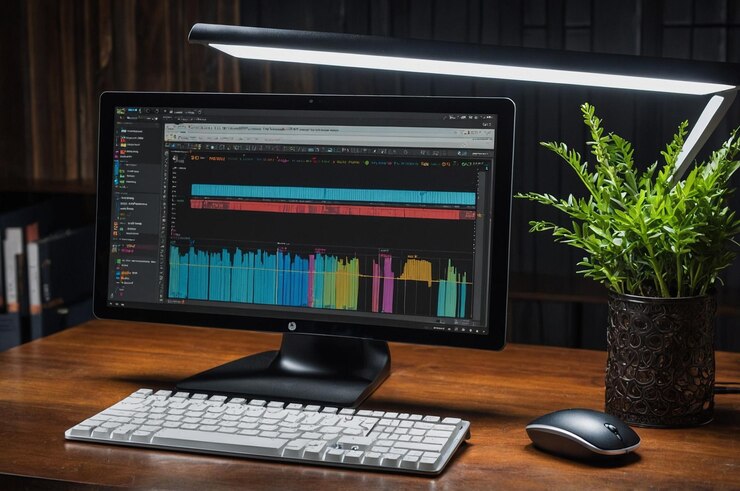 Foto un monitor de computadora con una planta en la pantalla y una planta en el lado izquierdo