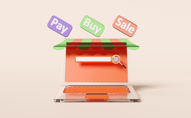 monitor de computadora portátil naranja con frente de la tienda compra venta etiqueta de pago búsqueda en blanco barmagnificación aislada en fondo rosa compras en línea concepto de datos de búsqueda ilustración 3D o renderización 3D