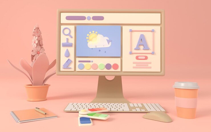 Foto monitor de computadora con programa de edición gráfica y catálogo de muestras de color en la mesa sobre fondo rosa