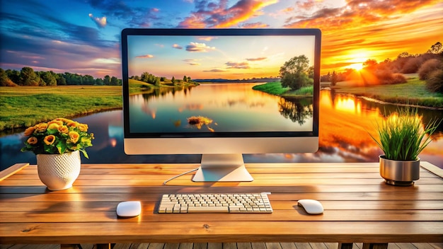 un monitor de computadora con una puesta de sol en el fondo
