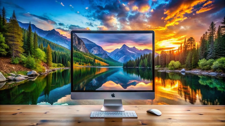 Foto un monitor de computadora con una puesta de sol y montañas en el fondo