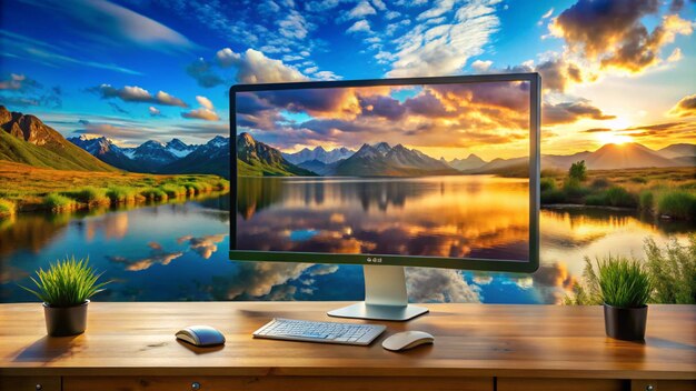 un monitor de computadora con una puesta de sol en la pantalla