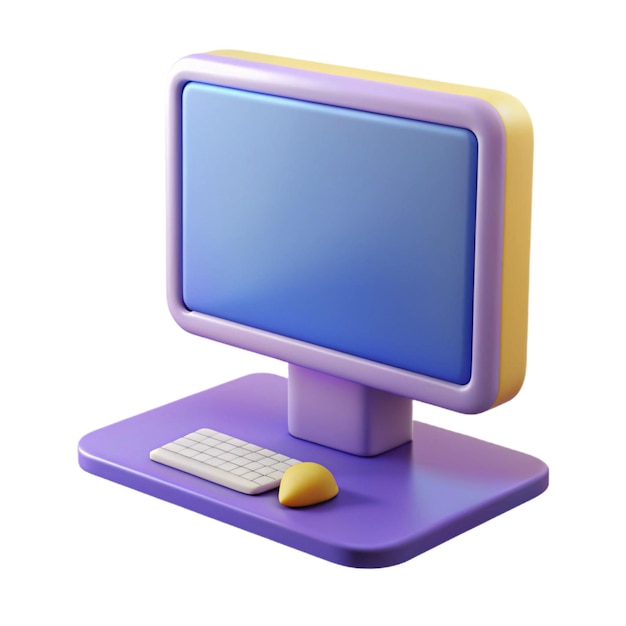 un monitor de computadora púrpura con un botón amarillo en el frente
