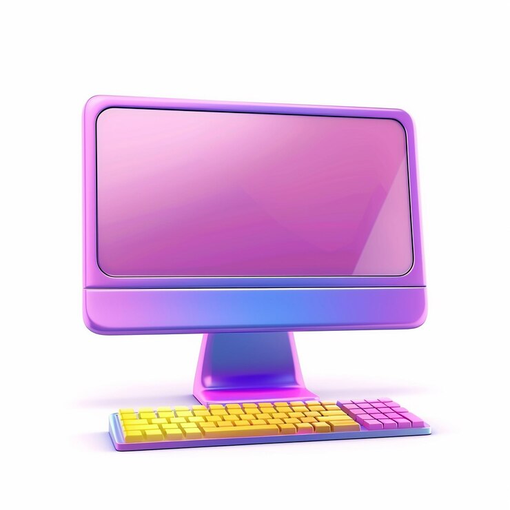 Foto un monitor de computadora púrpura con un teclado púrpura en un fondo blanco
