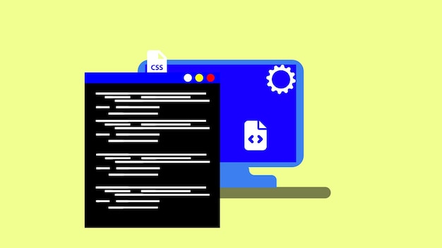 Monitor de computadora que muestra código y un ícono de configuración que simboliza el desarrollo y la programación web