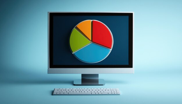 Un monitor de computadora que muestra un gráfico de pastel colorido sobre un fondo azul con el teclado visible