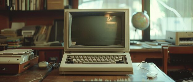 Un monitor de computadora retro y un teclado descansan en un desordenado escritorio de madera rodeado de libros y vieja tecnología. La composición ofrece un vistazo nostálgico al pasado de la computación.