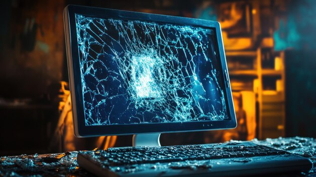 Monitor de computadora roto con la pantalla destrozada