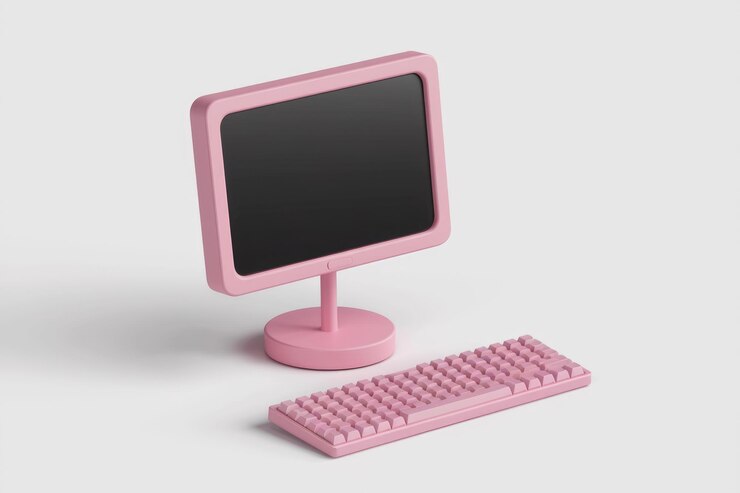Foto monitor de computadora y teclado rosados sobre un fondo blanco