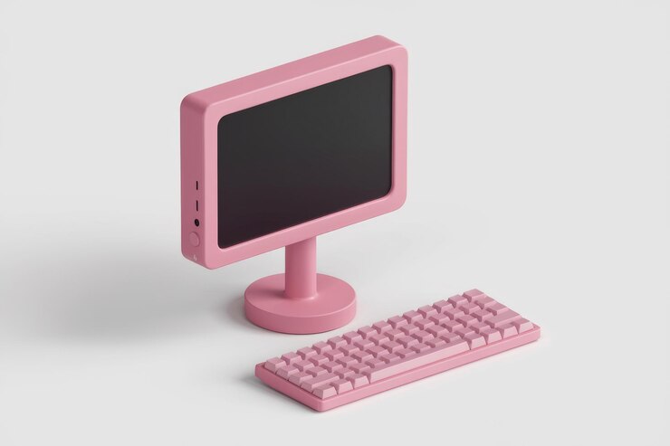Foto monitor de computadora y teclado rosados sobre un fondo blanco