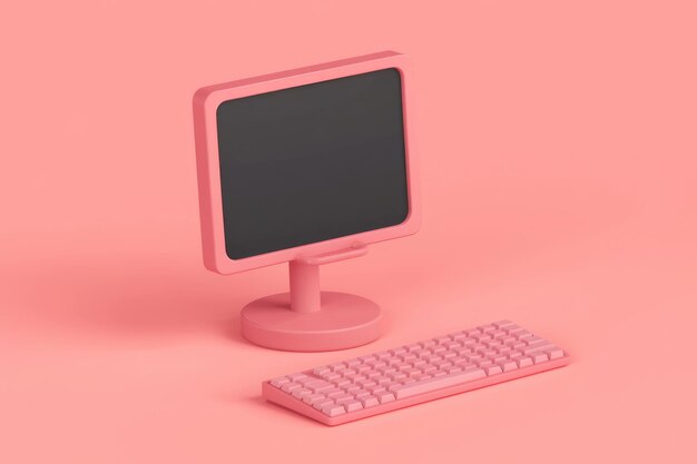 Monitor de computadora y teclado rosados sobre un fondo rosado