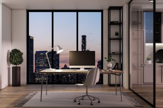 Monitor de computadora vacío en un interior de estudio de oficina nocturno moderno y creativo con mampara de vidrio y ventana con vista a la ciudad, pisos de madera Concepto de lugar de trabajo y arquitectura Mock up 3D Rendering