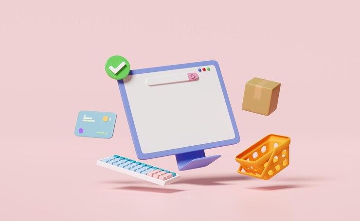 Foto monitor de computador 3d com carrinho de compras mercadorias caixa de papelão cesta marcas de verificação de cartão de crédito isoladas em fundo rosa entrega on-line modelo de compras on-line conceito de ilustração de renderização 3d