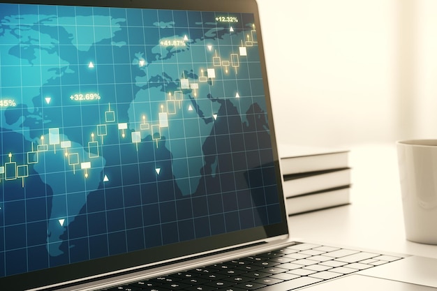 Monitor de computador com gráfico financeiro criativo abstrato com mapa mundial conceito financeiro e comercial Renderização 3D