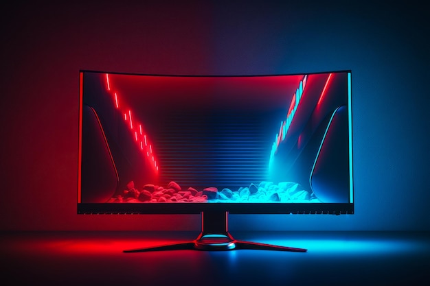 Monitor de computador com luzes vermelhas azuis e verdes Generative AI