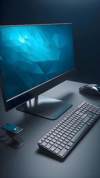 Monitor de computador com teclado e mouse em fundo escuro renderização 3d