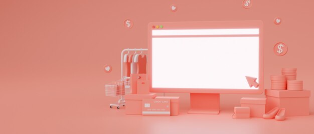 monitor de computador com tela de maquete e loja online em compras online de fundo rosa