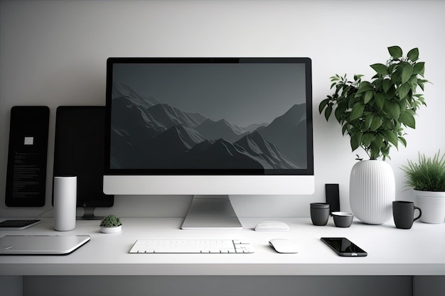 Foto monitor de computador em branco em um desktop elegante