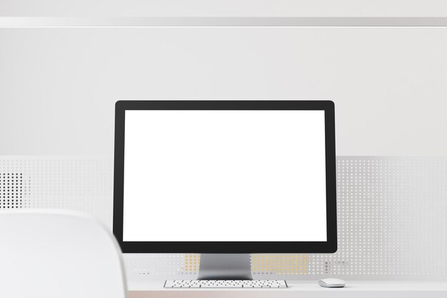 Monitor de computador em branco está de pé em uma mesa de escritório. Um fundo de parede branca. Conceito de publicidade e marketing. simulação de renderização 3D