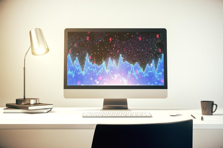 Foto monitor de computador moderno com estatísticas abstratas criativas dados hologramas estatísticas e análises conceito renderização 3d