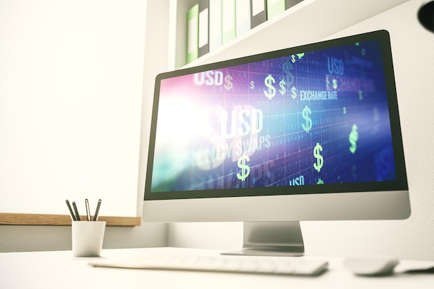 Monitor de computador moderno com holograma de símbolos criativos em USD Conceito bancário e de investimento Renderização 3D