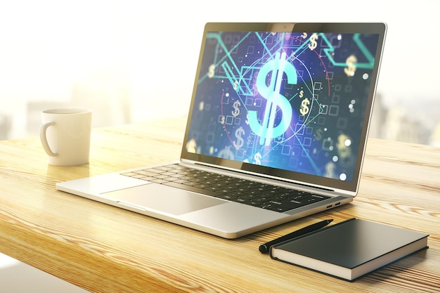 Foto monitor de computador moderno com hologramas criativos de símbolos usd conceito bancário e de investimento renderização 3d