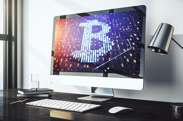 Monitor de computador moderno com símbolo criativo Bitcoin conceito de criptomoeda 3D Rendering