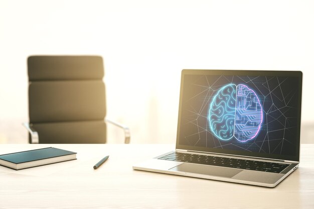 Monitor de computador moderno com símbolo criativo de inteligência artificial Redes neurais e conceito de aprendizado de máquina 3D Rendering