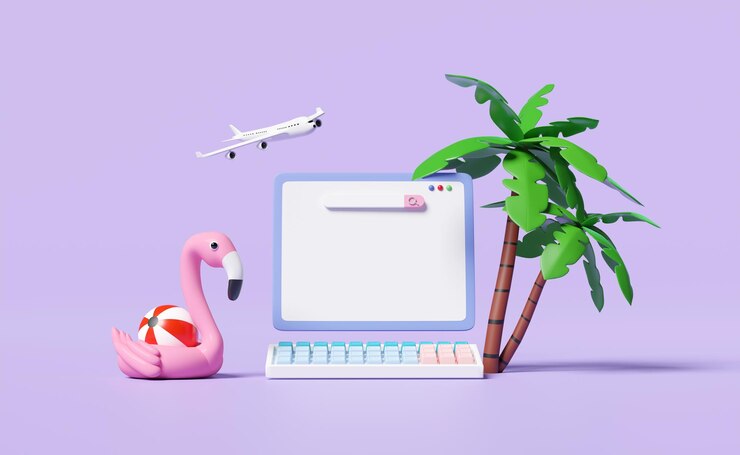 Foto monitor de computador portátil 3d com barra de pesquisa em branco palmeira avião flamingo inflável isolado em fundo roxo compras on-line modelo de venda de verão conceito de ilustração de renderização 3d