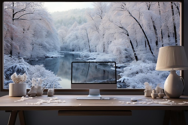 Monitor de computador sobre uma mesa em frente a uma janela em um jardim de inverno nevado