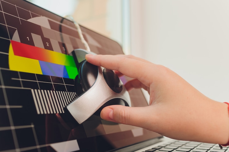 Foto monitor de fotógrafo com calibração de exibição no escritório, ferramentas para calibrar cores.