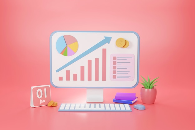 Monitor de gráfico de forma analítica de dados de baixo a alto para o conceito de desenvolvimento de marketing on-line do site, renderização em 3D