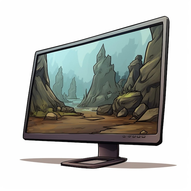 Monitor de ilustração de desenho animado 2D em fundo branco alto