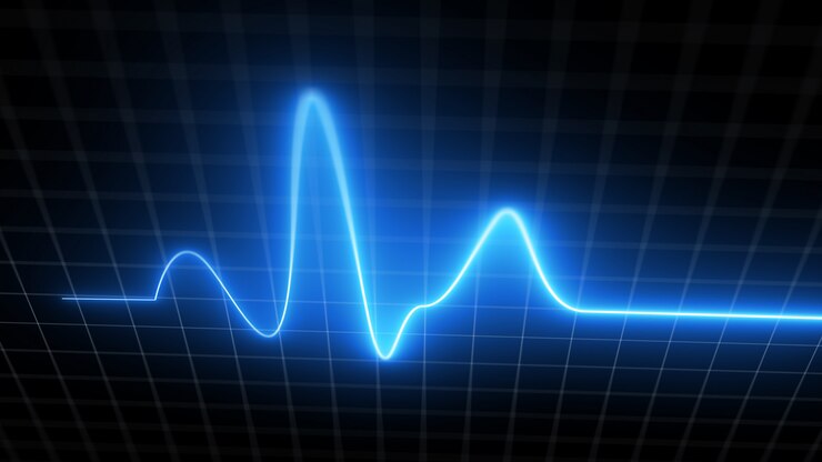 Foto monitor de linha de eletrocardiograma azul monitor de batimentos cardíacos com câmera em movimento, processamento de exibição de pulsação do coração. gráfico de tela médica de eletrocardiograma