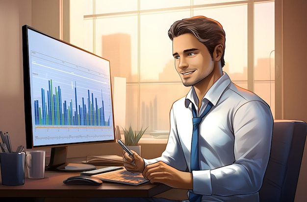 Monitor de portátil gráficos de mercado financeiro estatísticas de marketing estratégia de empresário resumo panorâmico