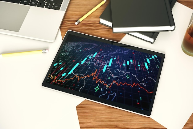 Monitor de tablet digital moderno com gráfico financeiro criativo abstrato e pesquisa de mapa do mundo e conceito de estratégia Vista superior 3D Rendering