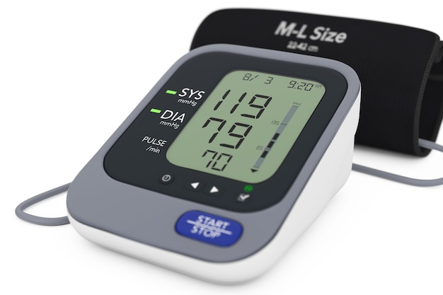 Monitor digital de pressão arterial com manguito em um fundo branco. Renderização 3D.