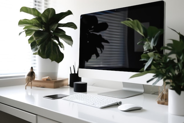 Monitor elegante y moderno en escritorio blanco con IA generativa de planta