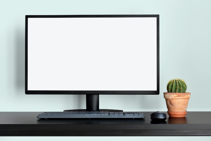 Foto monitor de escritorio en blanco moderno en la oficina con una decoración mínima en la mesa con interior azul