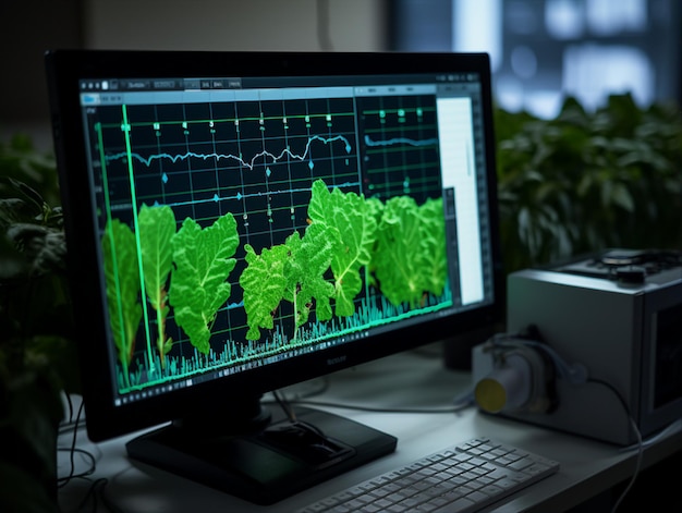 Monitor con gráfico del mercado de valores verde en el concepto de análisis del mercado de valores de pantalla