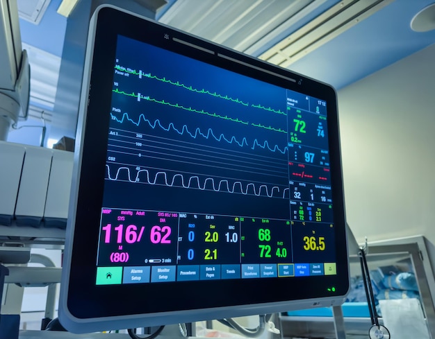 Monitor hospitalario que muestra signos vitales, frecuencia cardíaca, presión arterial, temperatura y oximetría de pulso.