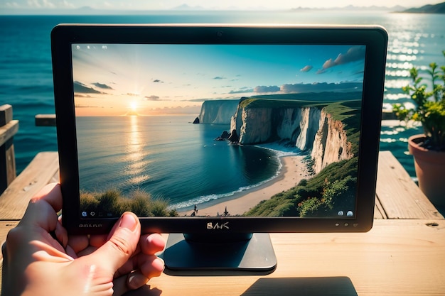 Un monitor con una imagen de una playa y el cielo.