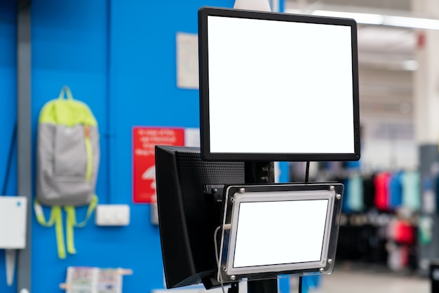 Foto monitor de maqueta con pantalla blanca en blanco en los grandes almacenes.