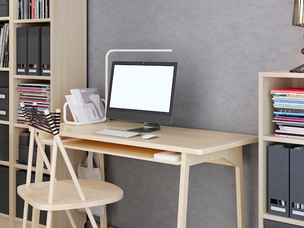 Monitor de maqueta en su escritorio con estanterías en un render 3D de fondo gris