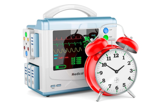 Foto monitor médico con representación 3d del despertador aislada sobre un fondo blanco