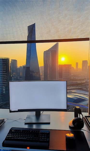 Monitor mit weißem leeren Bildschirm für Mockup auf Desktop gegen Fenster mit Sonnenuntergang Himmel Hintergrund mit