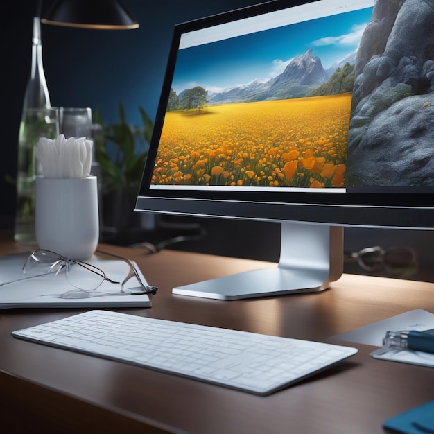 monitor moderno en una mesa elegante fotografía macro de miki asai